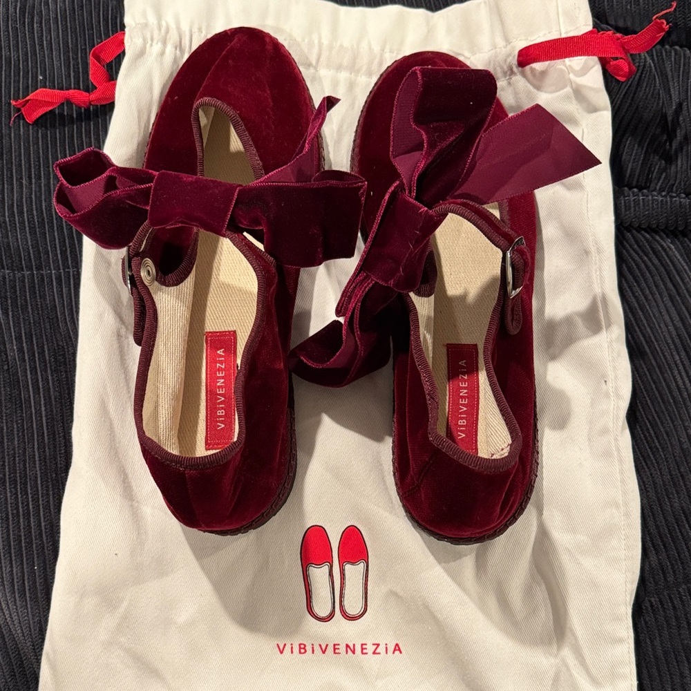 Venezia Burgundy Velvet Mary Jane Flats with Oversized Bow